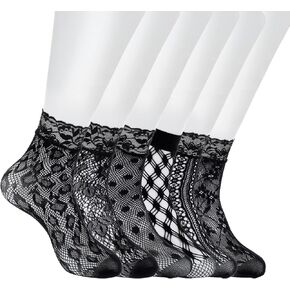 6 Pairs White/Black Lace Socks, Elegent Mesh Fishnet Ankle Socks Sexy Hollow Mesh Lace Sock for Women Girls in Kuwait