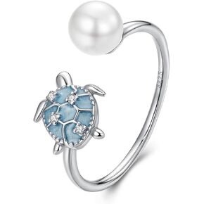 Shysnow Ocean Sea Animal Ring for Women Sterling Silver 925 Turtle Starfish Mermaid Conch Seashell Fish Pearl Ring with Blue Cubic Zirconias Summer Beach Jewelry in Kuwait