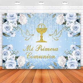 Avezano Mi Primera Comunion Backdrop Girls First Holy Communion Baptism Decorations Gold Grail God Bless Party Baby Shower Background (7x5ft, 83x59inch, Pink) in Saudi Arabia