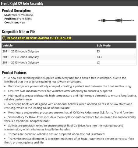 Front Right Passenger Side CV Axle Assembly - Compatible with 2011-2013 Honda Odyssey in Saudi Arabia