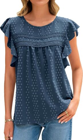 Glamaker Womens Summer Blouses disuals dary flutter tops boho spring crew neck holidy cut in Kuwait