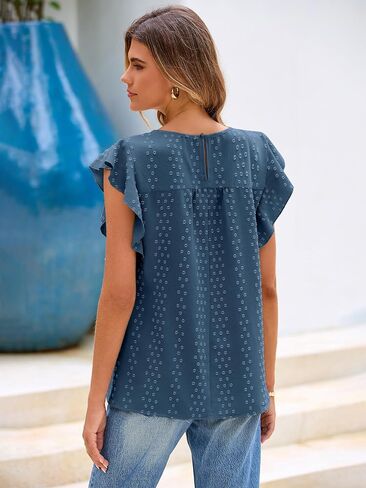 Glamaker Womens Summer Blouses disuals dary flutter tops boho spring crew neck holidy cut in Kuwait
