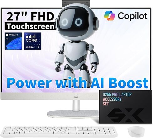 HP 27 "All -in - واحد كمبيوتر سطح المكتب | FHD Touchscreen | Intel Core Ultra 7–155U | عرض Ai - DDRESING ، تسجيل الدخول إلى الوجه | Privacy Pop -Up Camera | Win 11 Pro ، Office Pro W/accessories | 64GB DDR5 + 4TB SSD in Kuwait