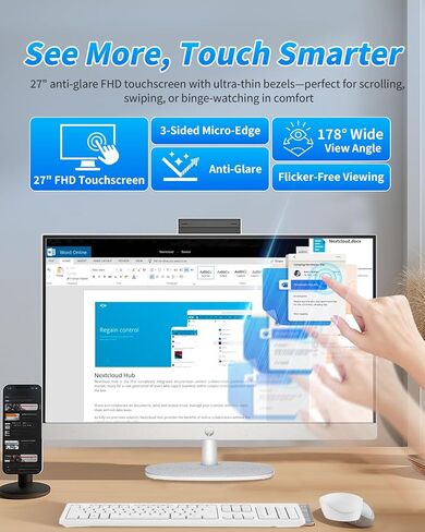 HP 27 "All -in - واحد كمبيوتر سطح المكتب | FHD Touchscreen | Intel Core Ultra 7–155U | عرض Ai - DDRESING ، تسجيل الدخول إلى الوجه | Privacy Pop -Up Camera | Win 11 Pro ، Office Pro W/accessories | 64GB DDR5 + 4TB SSD in Kuwait
