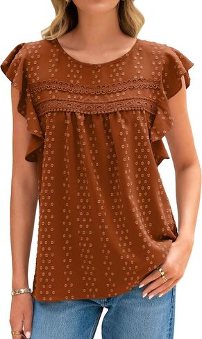 Glamaker Womens Summer Blouses disuals dary flutter tops boho spring crew neck holidy cut in Kuwait