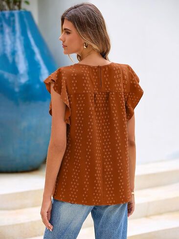 Glamaker Womens Summer Blouses disuals dary flutter tops boho spring crew neck holidy cut in Kuwait