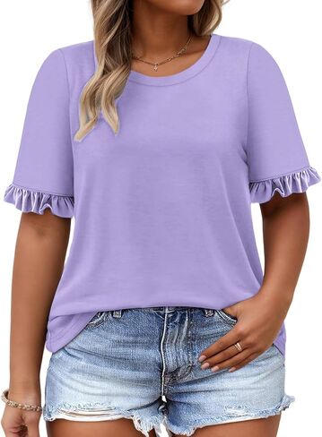 اللاسلكلي للسيدات زائد الحجم الصيف ، كشكش لطيف الأكمام القصيرة t ercts crewneck السترات الفضفاضة البلوزات tee xl-5xl in Saudi Arabia