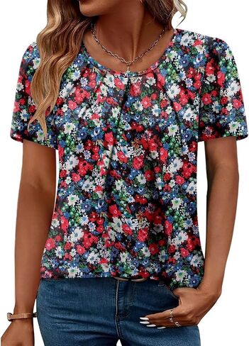 Angerella Womens T Shirts Chiffon Floral Blouses Summer Short Sleeve Trendy Round Crew Neck Casual Business Top in Kuwait