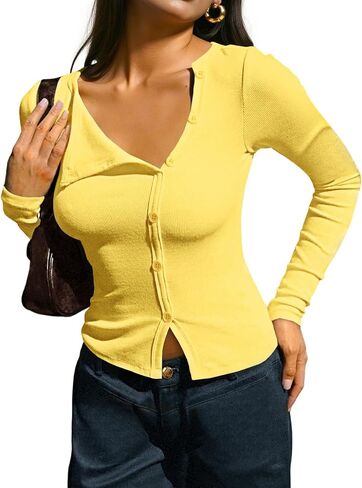 Fisoew Womens Long Sleeve Crop Tops Casual Button Down Shirts Slim Fit Y2k Going Out Ribbed Knit Shirts in Saudi Arabia