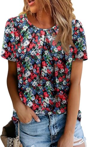 Angerella Womens T Shirts Chiffon Floral Blouses Summer Short Sleeve Trendy Round Crew Neck Casual Business Top in Kuwait