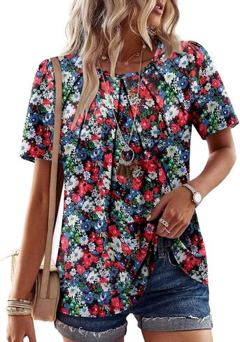 Angerella Womens T Shirts Chiffon Floral Blouses Summer Short Sleeve Trendy Round Crew Neck Casual Business Top in Kuwait