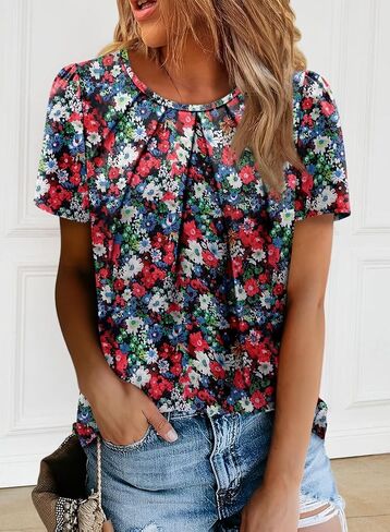 Angerella Womens T Shirts Chiffon Floral Blouses Summer Short Sleeve Trendy Round Crew Neck Casual Business Top in Kuwait