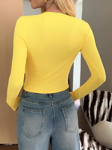 Fisoew Womens Long Sleeve Crop Tops Casual Button Down Shirts Slim Fit Y2k Going Out Ribbed Knit Shirts in Saudi Arabia