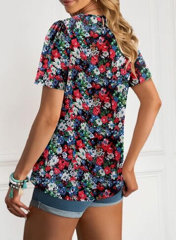 Angerella Womens T Shirts Chiffon Floral Blouses Summer Short Sleeve Trendy Round Crew Neck Casual Business Top in Kuwait