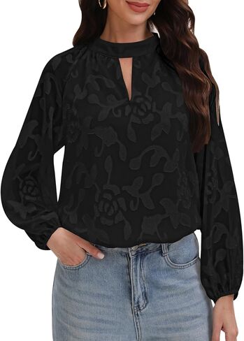 Aimcoo Womens Boho مطرزة على الأكمام الطويلة بلوزة أنيقة الأعمال غير الرسمية قمم مفتاح القمصان الزهرية 2025 الموضة in Saudi Arabia