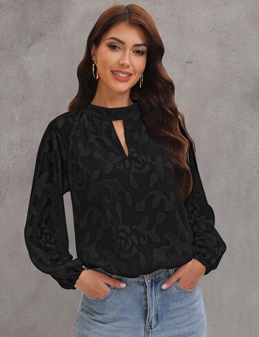 Aimcoo Womens Boho مطرزة على الأكمام الطويلة بلوزة أنيقة الأعمال غير الرسمية قمم مفتاح القمصان الزهرية 2025 الموضة in Saudi Arabia