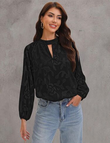 Aimcoo Womens Boho مطرزة على الأكمام الطويلة بلوزة أنيقة الأعمال غير الرسمية قمم مفتاح القمصان الزهرية 2025 الموضة in Saudi Arabia