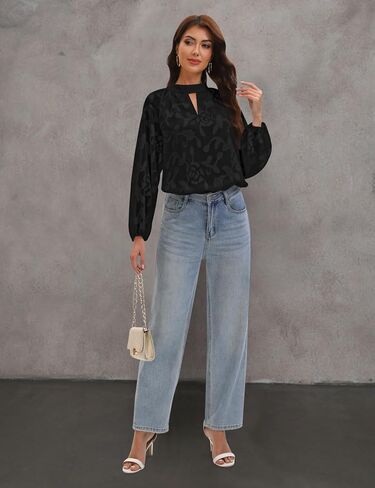 Aimcoo Womens Boho مطرزة على الأكمام الطويلة بلوزة أنيقة الأعمال غير الرسمية قمم مفتاح القمصان الزهرية 2025 الموضة in Saudi Arabia
