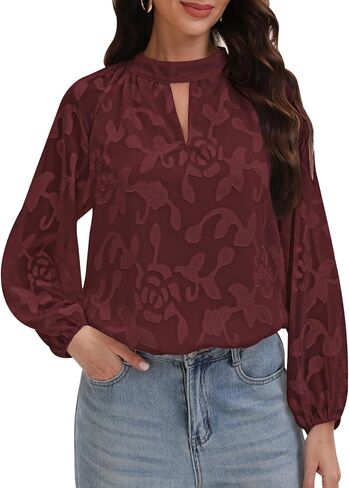 Aimcoo Womens Boho مطرزة على الأكمام الطويلة بلوزة أنيقة الأعمال غير الرسمية قمم مفتاح القمصان الزهرية 2025 الموضة in Kuwait
