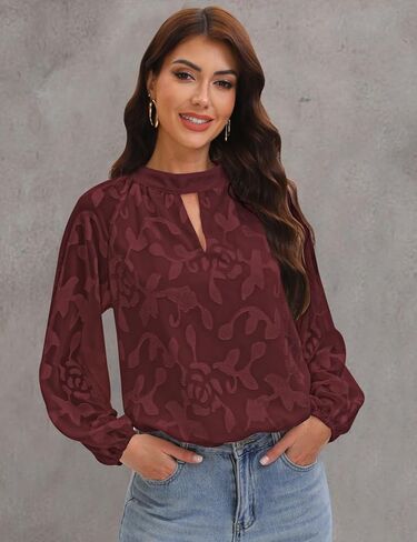 Aimcoo Womens Boho مطرزة على الأكمام الطويلة بلوزة أنيقة الأعمال غير الرسمية قمم مفتاح القمصان الزهرية 2025 الموضة in Kuwait