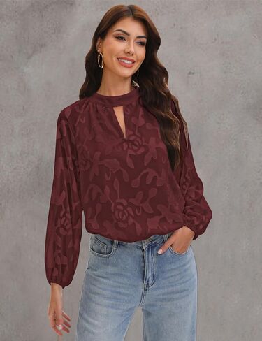 Aimcoo Womens Boho مطرزة على الأكمام الطويلة بلوزة أنيقة الأعمال غير الرسمية قمم مفتاح القمصان الزهرية 2025 الموضة in Kuwait