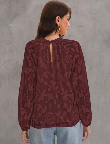 Aimcoo Womens Boho مطرزة على الأكمام الطويلة بلوزة أنيقة الأعمال غير الرسمية قمم مفتاح القمصان الزهرية 2025 الموضة in Kuwait