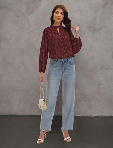 Aimcoo Womens Boho مطرزة على الأكمام الطويلة بلوزة أنيقة الأعمال غير الرسمية قمم مفتاح القمصان الزهرية 2025 الموضة in Kuwait
