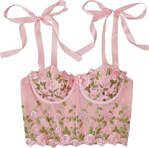 WDIRARA Women's Floral Embroidered Mesh Camisole Sheer Crop Top Tie Shoulder Sleeveless Bustier Corset Tops in Saudi Arabia