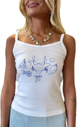 Women Hawaii Floral Tank Tops Y2K Sleeveless Scoop Neck Spaghetti Strap Crop Cami Shirt Teen Girls Summer Coastal Top in Saudi Arabia