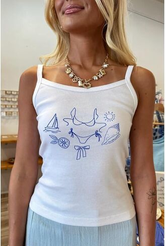 Women Hawaii Floral Tank Tops Y2K Sleeveless Scoop Neck Spaghetti Strap Crop Cami Shirt Teen Girls Summer Coastal Top in Saudi Arabia