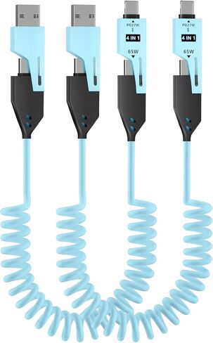 4-in-1 Spring Charging Cable - 4ft 65W Coiled USB Cable for Phones,Laptops,Car Chargers and More,Liquid Silicone Coiled Design,2 Pack(Yellow) in Saudi Arabia