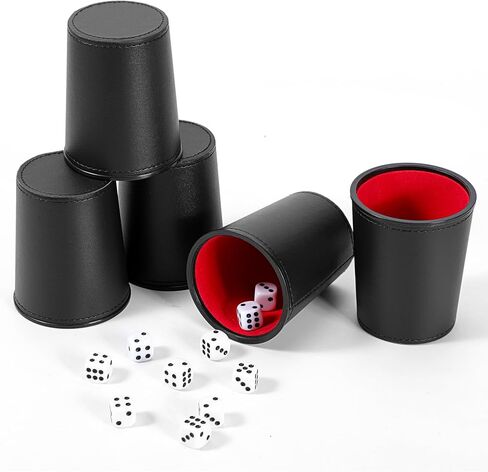 Leather Dice Cup Set, 5 Black Leather Dice Cups + 25 Dice + Exclusive Storage and Transport Case Made of Faux Leather in Kuwait