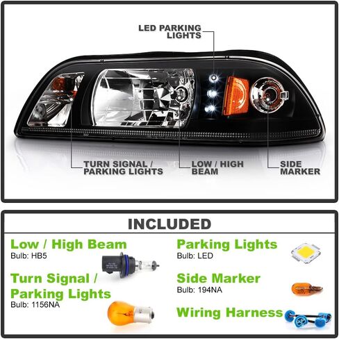 Acanii - للفترة 1987-1993 Ford Mustang Black Housing 1PC LED Strip Meadlips w/Corner Signal Light Last in Saudi Arabia