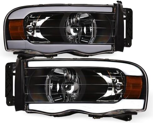 7422452134141 Compatible With 2002-2005 Dodge Ram 1500/2003-2005 2500 3500 DRL LED Strip Bar Black Housing Headlights With Amber Reflector in Kuwait