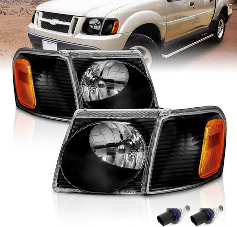AmeriLite for 2001-2005 Ford Explorer Sport Trac Crystal Black Replacement Headlights with Corner Lamp Set - Passenger and Driver Side in Saudi Arabia