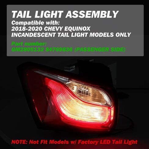 Fit for 2018-2020 Chevy Equinox Tail Light Incandescent Model Assembly Replacement Outer Halogen Rear Taillight OE Direct Brake Tail Lamp RH (Right Passenger Side) in Kuwait
