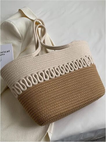 MakeMeChic Women's Straw Tote Bag Colorblock Double Handle Large Capacity Beach Handbags in Saudi Arabia
