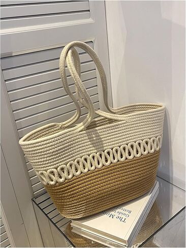 MakeMeChic Women's Straw Tote Bag Colorblock Double Handle Large Capacity Beach Handbags in Saudi Arabia