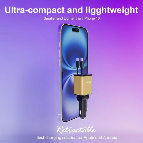 Flexino Retractable Car Charger 4 in 1, Car Charger for iPhone 16, USB C Car Charger, 69W Fast Charging Car Charger, Compact Car Phone Charger, Fit for iPhone 16/15/14/13/12, Samsung, Green in Saudi Arabia
