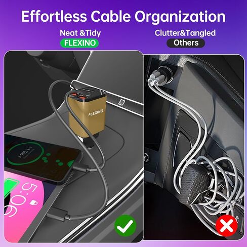 Flexino Retractable Car Charger 4 in 1, Car Charger for iPhone 16, USB C Car Charger, 69W Fast Charging Car Charger, Compact Car Phone Charger, Fit for iPhone 16/15/14/13/12, Samsung, Green in Saudi Arabia