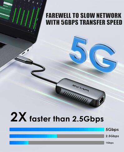 Wavlink 5GBPS USB C إلى Ethernet Adapter ، 5000 ميجابت في الثانية USB-C إلى محول شبكة RJ45 ، وحالة الألومنيوم لنظام التشغيل Windows ، و Mac OS ، و iPad OS والمزيد ، RTL8157 شرائح ، (5 جيجابت في الثانية تحتاج إلى النوع C> 3.2) in Kuwait