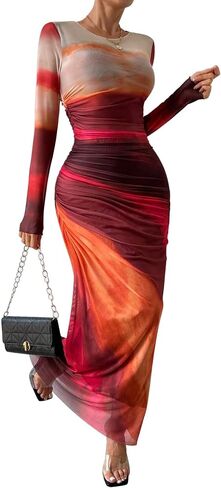 Women's Long Sleeves Maxi Bodycon Dress Tie Dye Ruched Mesh Layer Prom Formal Wedding Elegant Dresses in Saudi Arabia
