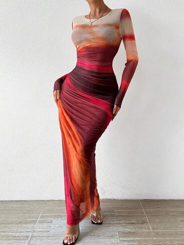 Women's Long Sleeves Maxi Bodycon Dress Tie Dye Ruched Mesh Layer Prom Formal Wedding Elegant Dresses in Saudi Arabia