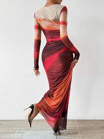 Women's Long Sleeves Maxi Bodycon Dress Tie Dye Ruched Mesh Layer Prom Formal Wedding Elegant Dresses in Saudi Arabia
