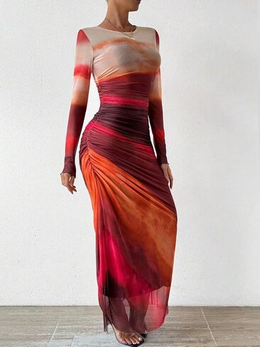 Women's Long Sleeves Maxi Bodycon Dress Tie Dye Ruched Mesh Layer Prom Formal Wedding Elegant Dresses in Saudi Arabia