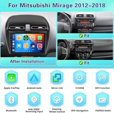 Fuluku 【2+64GB】 لـ Mitsubishi Mirage 2012-2022 Car Stereo مع Carplay Android Auto ، 9 "شاشة تعمل باللمس. in Saudi Arabia