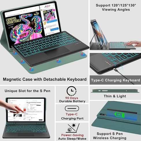 Keyboard Case for Samsung Galaxy Tab S10 Plus/S9FE Plus 5G 12.4", Rechargeable, Detachable Bluetooth Keyboard, Folio Smart Cover with S Pen Holder Support Wireless Charging for Galaxy Tab S10+/S9FE+ in Saudi Arabia