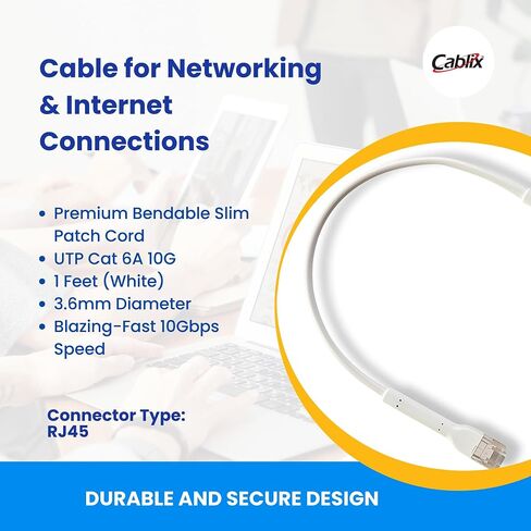 Premium Bendable Slim Patch Cord, 10ft White, UTP Cat 6A 10G, 50Micron, 30AWG, TPE, 3.6mm Diameter, Ethernet Cable, High-Speed Network Cable, Durable, Flexible, Low Profile in Saudi Arabia