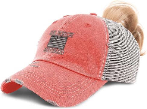 Speedy Pros Womens Ponytail Cap Us Air Force Retired Embroidery Distressed Trucker Hats in Saudi Arabia
