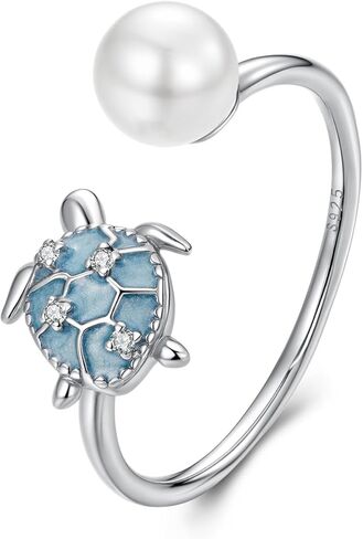 Shysnow Ocean Sea Animal Ring for Women Sterling Silver 925 Turtle Starfish Mermaid Conch Seashell Fish Pearl Ring with Blue Cubic Zirconias Summer Beach Jewelry in Kuwait